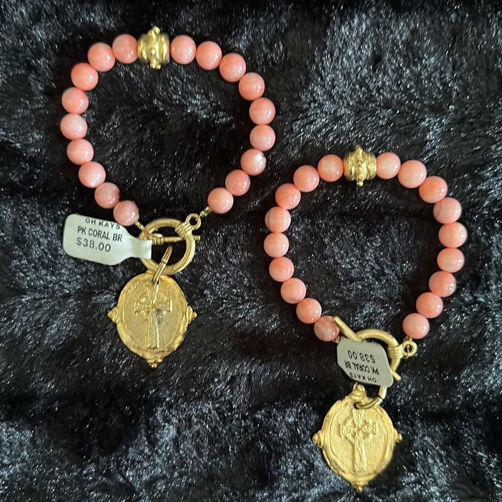Coral Pink Beaded Cross Emblem Bracelets!